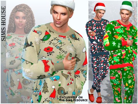 The Sims Resource - Men's pajamas New Year's Mens Christmas Pajamas, Womens Denim Overalls, Men's Pajamas, Corset Blouse, Sims 4 Teen, Matching Pajamas, Sims 4 Clothing, Sims House, Sims 4 Cc