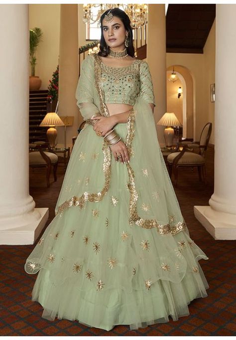 Pastel Green Designer Net Lehenga Choli Set Pista Green Lehenga, Pista Colour, Lehenga Green, Pista Green Colour, Grey Lehenga, Green Lehenga Choli, Pista Green, Party Wear Lehenga Choli, Sea Green Color