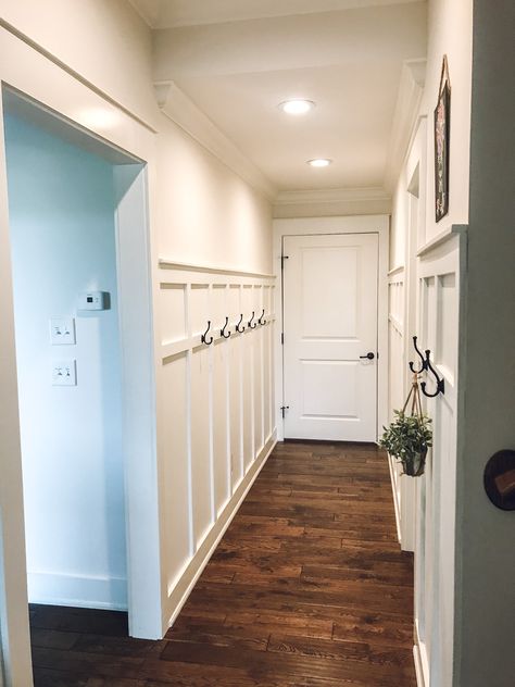 Hallway To Garage Entryway, Garage Hallway Ideas, Hallway From Garage To House, Garage Foyer Entry Ways, Entrance From Garage To House, Garage Entry Hallway Ideas, Long Mudroom Hallway, Entryway From Garage To House, Garage Entrance To House Entryway