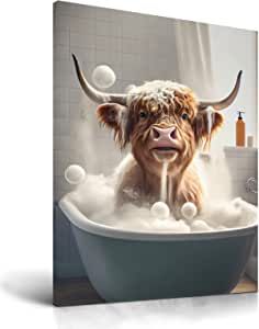 ❤️Unique and Whimsical Design: The funny bathroom wall art decor featuring a Highland cow in a bathing scene is a unique and playful addition to any bathroom or kid's room. It adds a touch of personality and charm to the space, making it stand out from typical bathroom decor. #wallart #funnywallart #ecclecticart Highland Cow Bathroom Decor Ideas, Bathroom Highland Cow Decor, Cow Decor For Bathroom, Highland Cow In Bathtub, Cow Bathroom Signs, Cow Wall Decor, Cow Artwork, Bathroom Wall Decor Art, Highland Cow Canvas