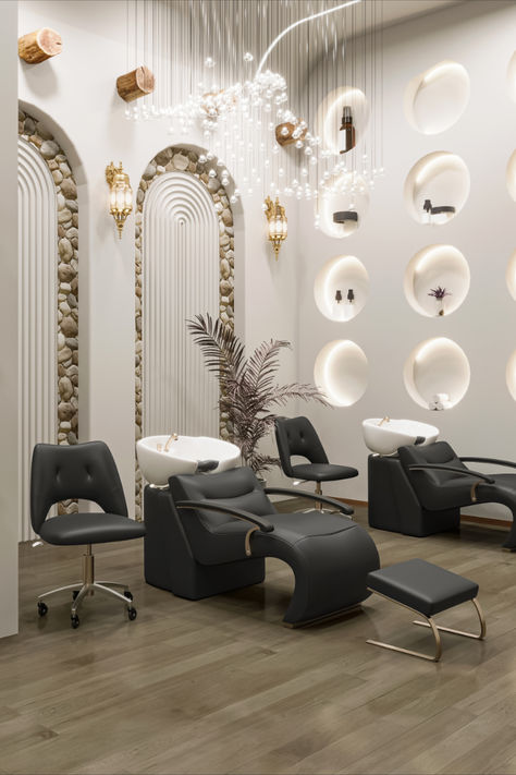 @BeNoravo shampoo chairs for barber shop and salon. Beauty Center Salon Interior Design, Luxury Salon Interior Design, Salon Shampoo Area, Salon Decor Studio, Makeup Studio Decor, Nail Salon Interior Design, Beach Mural, Spa Interior Design, Salon Shampoo