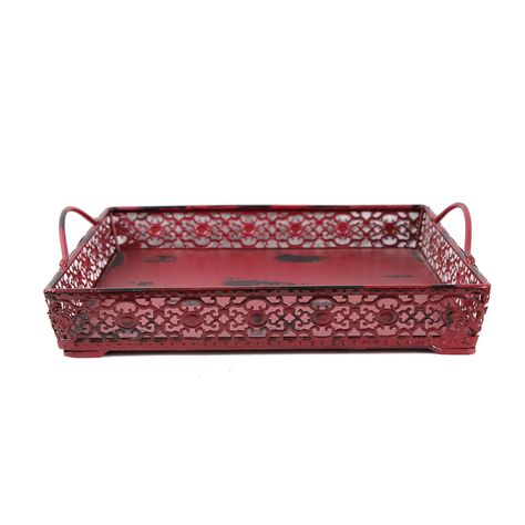 Grace Home Vintage Antique Design Decorative Metal Serving Tray with 2 Handles Burgundy ** Find out more about the great product at the image link. (Note:Amazon affiliate link) Oval Wood Tray, Repurposed Metal, Displaying Jewelry, Diy Floral Decor, Metal Serving Trays, Serving Tray Decor, Decorative Soaps, Breakfast Dinner, Square Tray