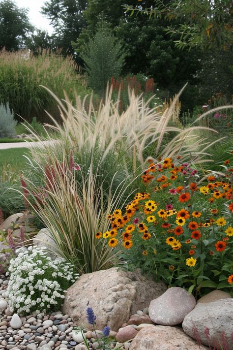 15 Tips for Using Rocks in Your Flower Bed – Everyday Inspo Rock And Flower Garden, Rock Berm Landscaping, Flower Bed Alternative Front Yards, Hardscape Flower Bed, Landscaping Along Property Line, Flower Beds With Rocks Landscaping Ideas, Rick Flower Bed Ideas, Planting In Rock Beds, Boulder Landscaping Ideas Front Yard