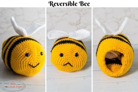 Free Reversible CROCHET BEE Pattern to Play and Show Emotions Reversible Crochet Doll, Crochet Reversible Doll Free Pattern, Crochet Emotions, Plush Crochet Pattern, Reversible Crochet, Bee Plush, Stuff Toys, Express Emotions, Plush Crochet