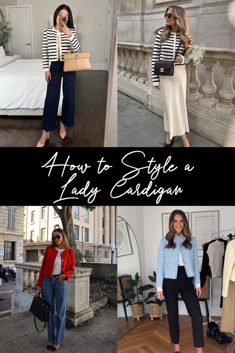 How to Style a Lady Cardigan Lady Cardigan Outfit, Cropped Cardigan And Dress Outfit, Styling A Cardigan Outfit Ideas, One Button Cardigan Outfit, Stripped Cardigan Outfits, Classy Cardigan Outfit, How To Wear A Cardigan, Classic Cardigan Outfit, How To Style Cardigans