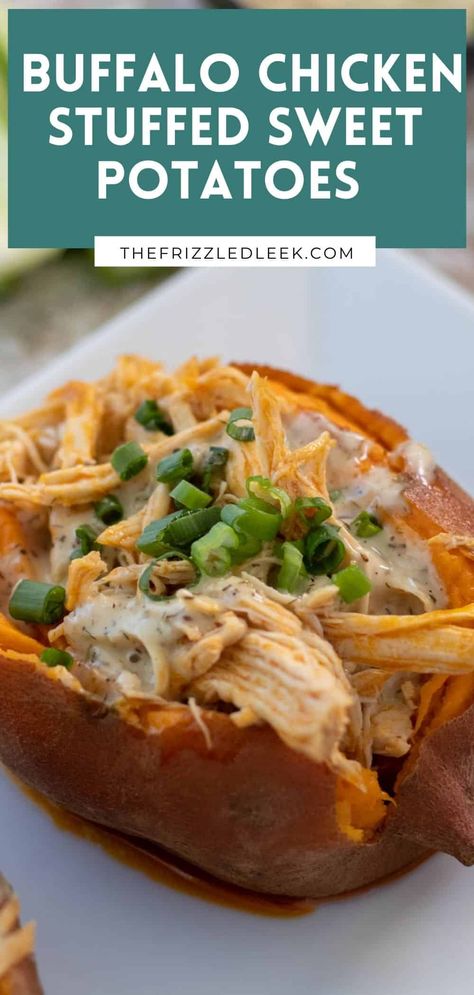 You'll love my instant pot buffalo chicken stuffed sweet potatoes! 20 minutes is all you need to have a delicious Whole30 and Paleo dinner on the table. I am in LOVE with this instant pot! There is nothing you can't do with this beautiful piece of machinery. I use a trivet to cook the chicken and sweet potatoes at the same time. The sweet and spicy flavor profile of this recipe is so satisfying. Give this recipe a try and it will be your new favorite weekday dinner! #instant pot Buffalo Chicken Stuffed Sweet Potatoes, Chicken And Sweet Potatoes, Instant Pot Buffalo Chicken, Buffalo Chicken Sauce, Shredded Buffalo Chicken, Gluten Free Recipes For Lunch, Easy Buffalo Chicken, Stuffed Sweet Potatoes, Healthy Buffalo Chicken