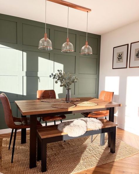 Dining Room Decor Scandinavian, Green Accent Wall Dining Room Kitchen & Dining Tables, Dining Room Decor With Wallpaper, Small Green Dining Room, Earthy Minimalist Dining Room, Khaki Dining Room, Forest Green Dining Room Walls, Dining Room With Feature Wall, Sage Green Panelling Dining Room