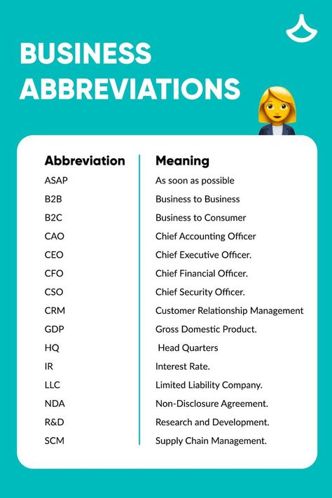 ASAP = As soon as possible B2B = Business to Business B2C = Business to Consumer CAO = Chief Accounting Officer CEO = Chief Executive Officer. CFO = Chief Financial Officer. CSO = Chief Security Officer. CRM = Customer Relationship Management GDP = Gross Domestic Product. HQ = Head Quarters IR = Interest Rate. LLC = Limited Liability Company. NDA = Non-Disclosure Agreement. R&D = Research and Development. SCM = Supply Chain Management. #english #businessenglish #studyenglish Dr Ambedkar Hd Wallpaper New, Head Quarters, Advanced Vocabulary, What To Study, Business To Business, Contracting Company, Non Disclosure Agreement, Vocabulary Lessons, Gross Domestic Product