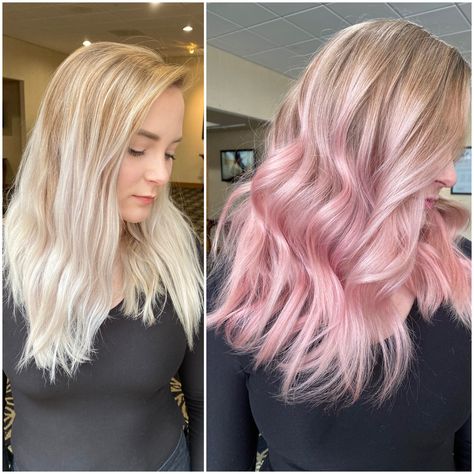 Get the two-step how-to for this blonde to pale pink finish using the new Biolage plant based color. Silver And Pink Hair, Pink Hair Styles, Blonde And Pink Hair, Pink And Blonde Hair, Blonde To Pink Ombre, Blonde And Pink, Hair With Pink Highlights, Blonde Hair With Pink, Tustin California