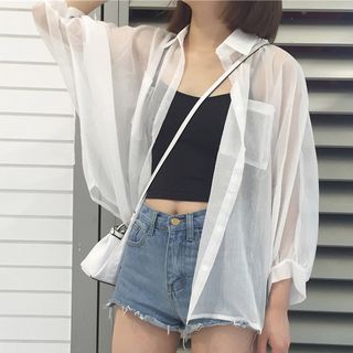 Buy Hanji Long-Sleeve Sheer Shirt at YesStyle.com! Quality products at remarkable prices. FREE Worldwide Shipping available! Sheer White Shirt, Summer Chiffon Blouse, Sheer Shirt, Womens Kimono, Jeans Fashion, Matches Fashion, Denim Shorts Women, 가을 패션, Petite Fashion