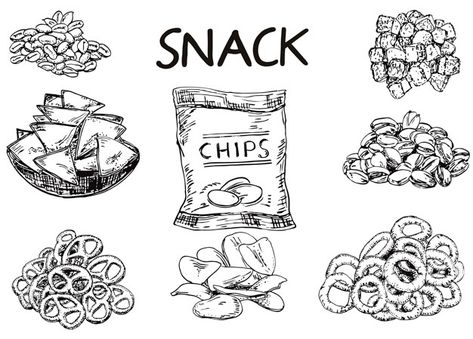 Ink hand drawn sketch style snack set | Premium Vector #Freepik #vector #food #hand #cute #black Food Junk, Journal Labels, Vector Food, Snack Set, Business Logos, Sketch Style, Snack Chips, Sketch Illustration, Food Drawing