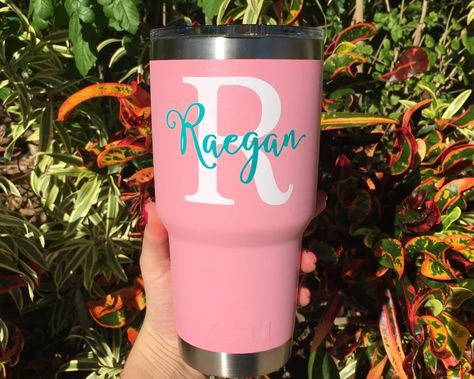 Name Decals For Cups, Cup Vinyl, Yeti Cup Designs, Monogram Cups, Yeti Rambler Tumblers, Monogram Vinyl Decal, Tape Design, Monogram Tumbler, Vinyl Tumblers