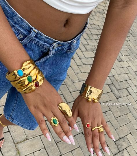 chunky jewelry and fly babes go together real bad 💘🌸 catana bangles in precious stones for you✨ shoplamy.com or DM to shop 🛒 #jewelryaddict #jewelrystore #jewelrygram #bangles #chunkybangles #goldrings #goldringsinlagos Chunky Gold Jewelry, Bangle Stack, Elle Woods, Chunky Jewelry, Stacked Bangles, Gemstone Bracelet, Jewelry Stores, Precious Stones, Dream Closet