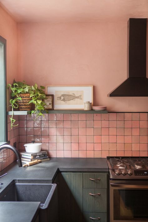 Pink And Green Kitchen, Pink Kitchen Walls, Kitchen Pink, Wooden Countertops, Eclectic Kitchen, Pink Tiles, Green Cabinets, Gorgeous Kitchens, Pink Kitchen