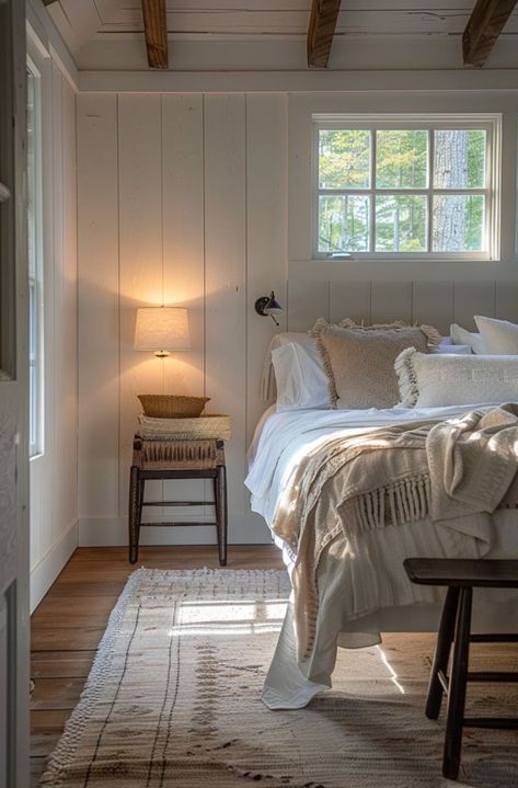 Cozy Farmhouse Master Bed, Nantucket Style Homes Interior Master Bedrooms, White Cabin Bedroom, Modern Cottage Primary Bedroom, Cottage Bedroom Low Ceiling, Guest Bedroom Coastal, Master Cottage Bedroom, Farm House Guest Bed, Cottage Renovation