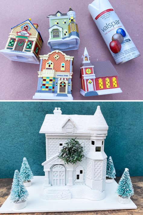 Family Christmas Decoration Ideas, Christmas Village Craft, Dollar Tree Christmas Village Diy, Dollar Tree Christmas Houses, Dollar Tree Village Houses, Dollar Tree Christmas Village Makeover, Diy White Christmas Village, Dollar Tree Houses Christmas, Diy Disney Christmas Village