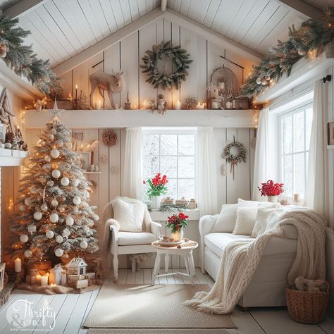 Small Christmas Cottage Exterior, Christmas Cottage Interiors, Tiny Home Christmas Decor, Anthropologie Inspired Living Room, White Cottage Living Room, English Cottage Christmas Decor, Cottage Christmas Living Room, White Christmas Decorating Ideas, Farm Christmas Decor