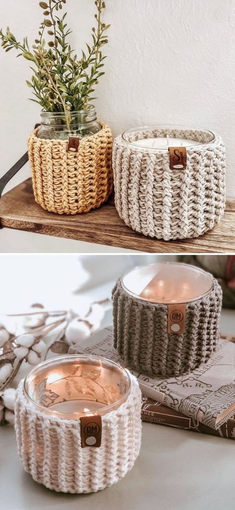 Crochet Mason Jar Cozy Pattern Free, Crochet Gift Ideas For Friends, Crochet Candle Cozy, Crochet Jar Covers, Crochet Candle, Mason Jar Cozy, Crochet Stone, Crochet Hook Holder, Cozy Ideas