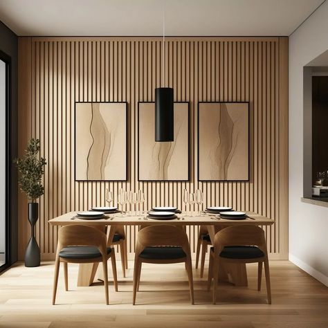 Wood Slats Accent Wall, Accent Wall Dining Room, Layer Art, Ikea Dining Room, Minimal Kitchen Design, Room Accent Wall, Ikea Living Room, Minimalist Dining Room, Wood Slat Wall