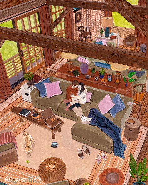 Couple in their cozy home Illustration “falling for him wasn’t falling at all. It was walking into a house and suddenly knowing you’re home.” - r.i.d I wish you a cozy weekend with your pets, your loved ones and with yourselves. Inspired from a photo of a house design #coupleillustration #gouacheart #gouacheillustration #drawing #cozyhome #cozycottage Cozy Art Aesthetic, Cozy Home Illustration, Decorate My Cubicle, Cozy Drawings, A House Design, Kid Illustration, Cottage Core Art, Home Illustration, Cozy Art