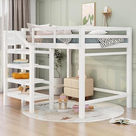 Amazon.com: Full Loft Bed with Stairs Wood Frame Storage Shelves and Hanging Rod White Beds for Kids Boys Girls Adults Teens Dorm Bedroom, Full Size White With Stairs : Home & Kitchen Beds For Kids Boys, Loft Bed Ideas For Adults, Loft Bed With Stairs, White Beds, Stairs Wood, Loft Bed With Storage, Girls Loft Bed, Bed With Stairs, White Loft Bed