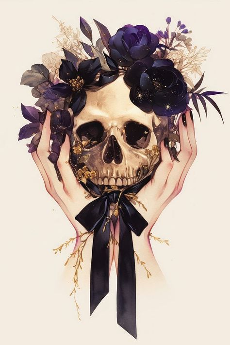 Skull adorned with dark flowers | free image by rawpixel.com / Boom Skull Wallpapers, Aesthetic Pngs, Hands Holding Flowers, Hand Flowers, Dark Flowers, 1 Tattoo, Plant Aesthetic, Skull Wallpaper, Awesome Designs