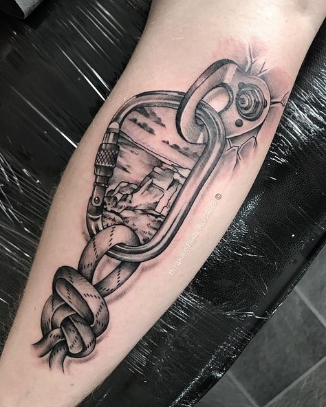 Climbing piece for Matt. #climbing #rockclimbing #climbingtattoo #carabiner #carabinertattoo #rockclimbingtattoo #stanageedge #tattoo… Carabiner Tattoo, Rock Climbing Tattoo, Climbing Tattoo, Rope Tattoo, Berg Tattoo, Camping Tattoo, Firefighter Tattoo, Fire Fighter Tattoos, Adventure Tattoo