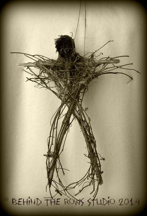 Blair Witch Decorations, Blair Witch Project Decorations, Diy Blair Witch Sticks, Blair Witch Stick Figures, Tree Branch Halloween Decor, Spooky Swamp Halloween, Witch Crashing Into Tree Diy, Witch Film, Witch Scarecrow