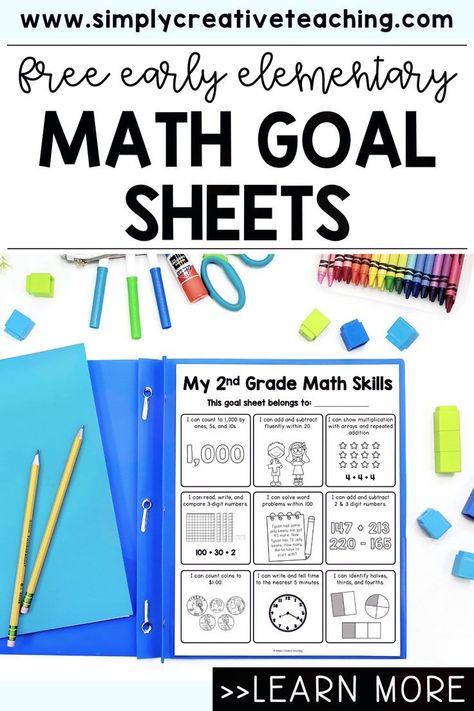 Help your students learn about setting math goals with these FREE printable math goal sheets! These sheets come in versions for kindergarten, 1st grade, 2nd grade, and 3rd grade. Each version includes grade level math skills to help your students keep track of their progress and set new goals. Use them for goal setting meetings, parent conferences, homework folders, and more! Plus, get 8 teaching tips to make the most of these super simple math goal sheets. Read more here! Homework Folders, Goal Sheets, Parent Conferences, Math Folders, Sets Math, Teaching Addition, Homework Folder, Classroom Planning, Math Activities Elementary