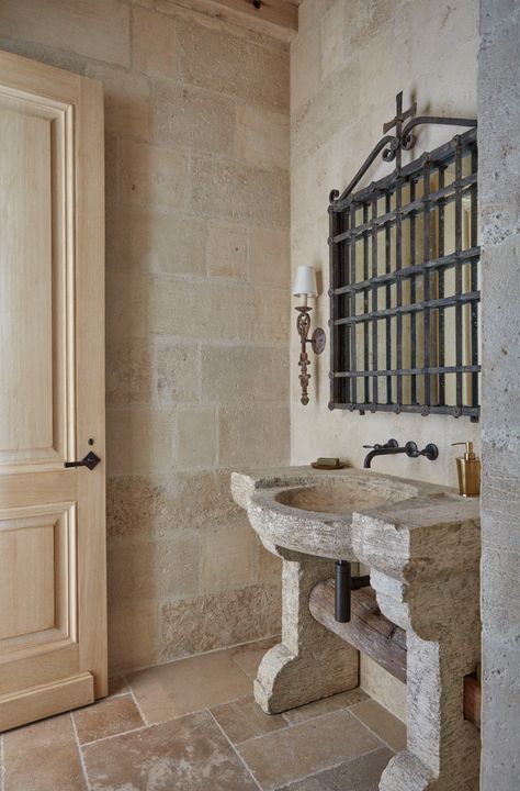 Limestone Sink, Stone Sink Kitchen, Stone Sinks, Rustic Wood Floors, Stone Sink, Stone Cottage, Spanish House, Country House Plans, Concrete Countertops