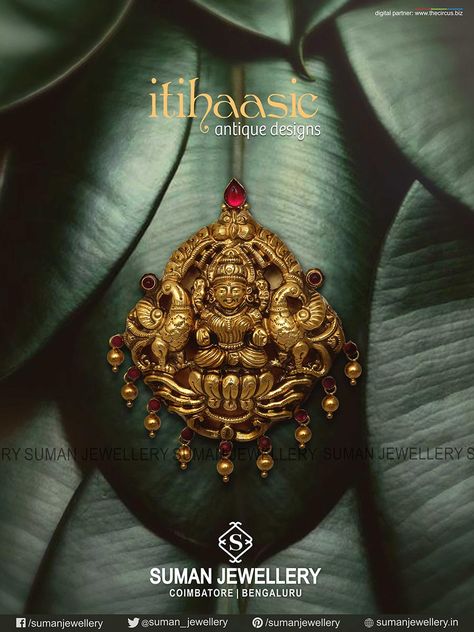 #Pure & #Ethnic Jewellery can be an eye-catching element to any ensemble!  #suman_jewellery #itihassic #bridal #pendant #collection Gold Nakshi Pendants, Nagas Pendant Gold, Temple Design Pendant Gold, Gold Pendant Designs Modern, Lakshmi Pendant, Gold Earrings For Kids, Temple Jewelry Necklace, Gold Temple Jewellery, Bridal Pendant