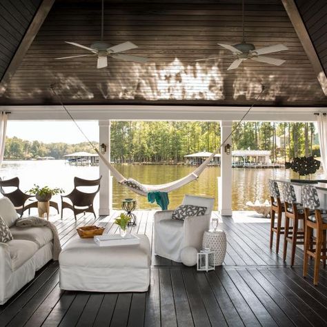 Tour Gray Malin’s Bright and Dreamy Michigan Lake House | HGTV Lake House Dock, Floating Lounge, Lake Dock, Lakefront Living, Lakeside Living, Lakefront Property, Comfy Seating, Lakefront Homes, Bay House