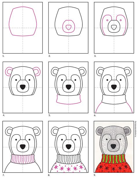 Step By Step Bear Drawing, How To Draw Winter Things, How To Draw Winter, How To Draw A Polar Bear, Bear Art Projects For Kids, Winter Art Kids, Drawing Bears, Draw A Bear, Bear Coloring Page