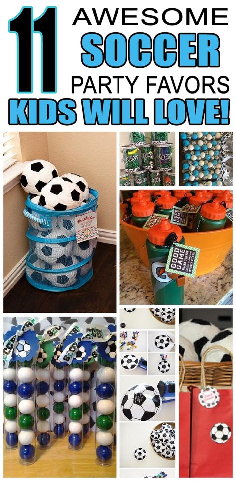 11 awesome Soccer party favors kids will love. Childrens birthday party favors for soccer birthday parties. Soccer Ball Party Favors, Soccer Birthday Favor Ideas, Soccer Birthday Party Snacks, Soccer Themed Party Favors, Outdoor Soccer Party Ideas, Soccer Loot Bag Ideas, Soccer Birthday Party Favors, Party Favors For Kids Birthday Boy, Soccer Pool Party