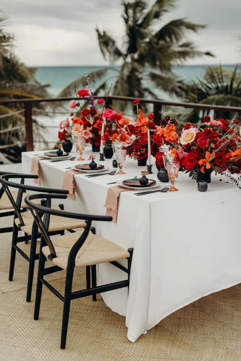 Beach Wedding Inspo, Beach Wedding Red, Tulum Mexico Beach, Mexico Beach Weddings, Beach In Mexico, Romantic Beach Wedding, Parisian Wedding, Wedding Appetizers, Red Wedding Flowers