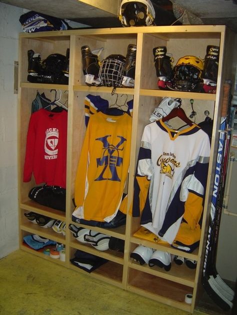 Hockey Lockers Ideas, Pictures, Remodel and Decor Hockey Garage, Hockey Gear Storage, Lockers Design, Hockey Equipment Storage, Outdoor Storage Locker, Hockey Storage, Hockey Locker, Hockey Organization, Garage Lockers