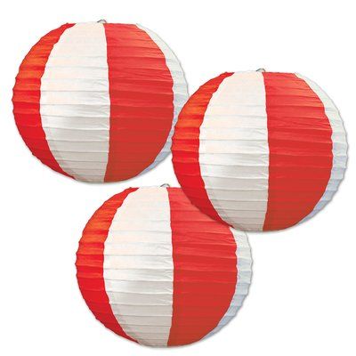 Lantern Party Decor, Paper Centerpieces, Paper Lanterns Party, White Paper Lanterns, Hanging Paper Lanterns, Round Paper Lanterns, Red White Stripes, Carnival Circus, Circus Theme Party