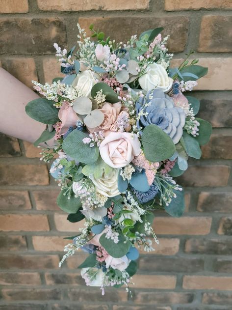 Wood Flower Bouquet Dusty Blue and Pink Wedding Bouquet - Etsy Burger Wedding, Blue Bridal Flowers, Bouquet Dusty Blue, Blue And Pink Wedding, Wedding Flower Alternatives, Pink Wedding Bouquet, Blue And Blush Wedding, Wedding April, Dusty Pink Weddings