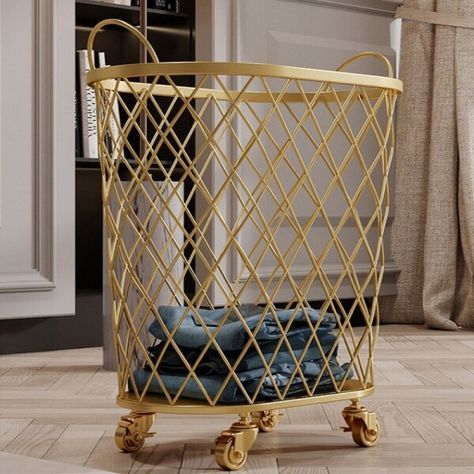 US $51.20 20％ Off | Golden Laundry Basket Home Storage Basket Wicker Dirty Laundry Containers Bathroom Storage Fancy Laundry Basket, Gold Laundry Basket, Laundry Containers, Metal Element, Baskets Storage, Laundry Sorter, Gold Basket, Wicker Baskets Storage, Basket Storage