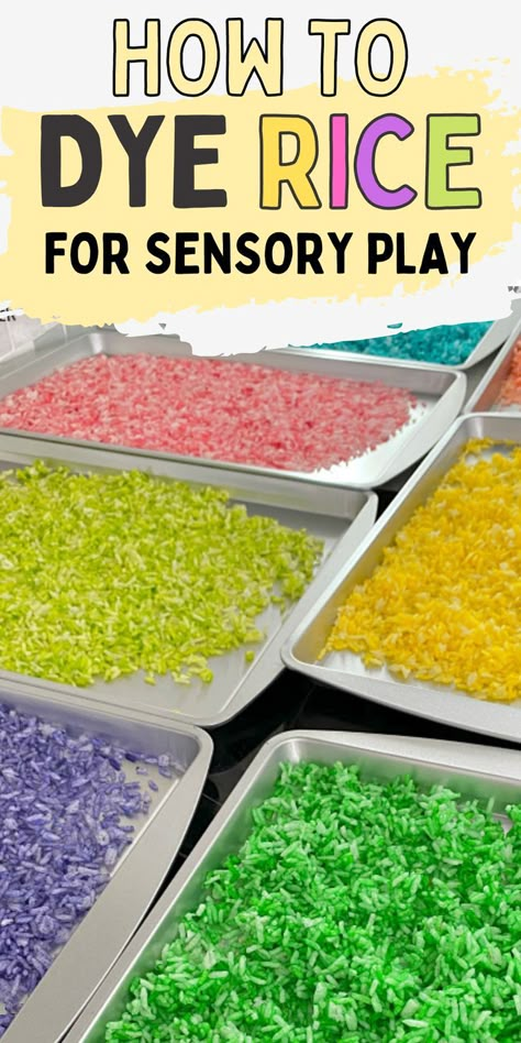 Dyed Rice Sensory, How To Make Coloured Rice Sensory Play, Colour Rice Sensory Play, Dye Rice For Sensory Bin, Rice Play Activities, Rice I Spy Bottles, How To Colour Rice For Sensory Play, How To Dye Rice With Food Coloring, Dye Rice Food Coloring Sensory Play