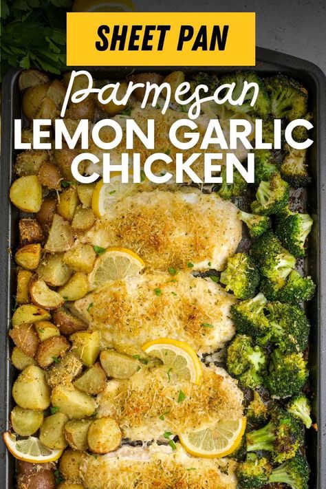 This easy sheet pan dinner combines lemon chicken, roasted potatoes, and broccoli for a delicious and healthy meal. Perfect for busy weeknights! Chicken Potato Veggie Sheet Pan, Sheet Pan Chicken And Broccoli, Chicken Potatoes And Broccoli, Lemon Chicken Potatoes, Sheet Pan Lemon Chicken, Roasted Potatoes And Broccoli, Pan Lemon Chicken, Easy Sheet Pan Dinner, Potatoes And Broccoli