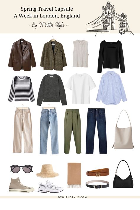 Capsule Wardrobe For 10 Day Trip, London Classic Style, Trip To England Outfits, One Month Travel Capsule Wardrobe, Capsule Wardrobe London Spring, English Capsule Wardrobe, London Uk Outfits Summer, 3 Week Capsule Wardrobe, Travel Outfit Spring European