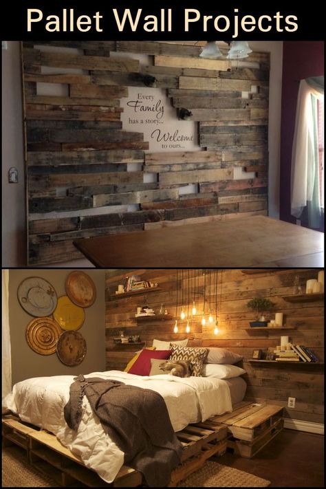 Living Room Wood Wall Ideas, Western Accent Wall Rustic, Bedroom Pallet Wall, Wooden Wall Bedroom Ideas, Bedroom Wood Accent Wall Ideas, Unique Bedroom Wall Ideas, Rustic Walls Ideas, Rustic Feature Wall Ideas, Wood Wall Bedroom Ideas