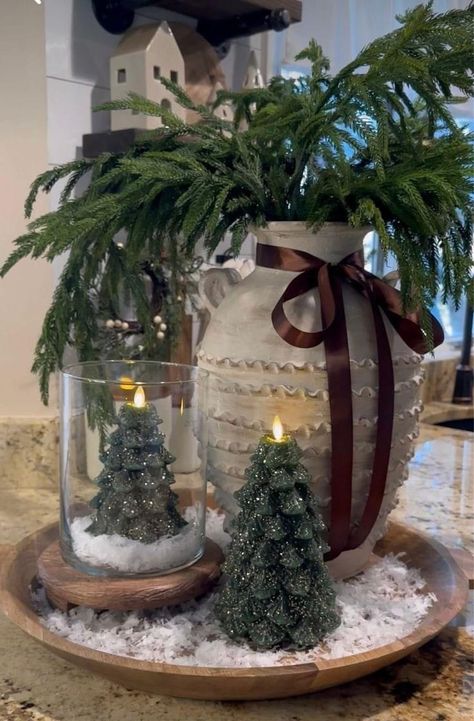 Kitchen Christmas Tree Decorations, Glass Canister Christmas Decor Ideas, Wooden Bowl Christmas Centerpiece, Everyday Christmas Table Decor, Modern Christmas Kitchen Decor Ideas, Christmas Teird Tray, Hosting Family Christmas In Your Home, Christmas Kitchen Tray Decor, Center Piece Christmas Decor