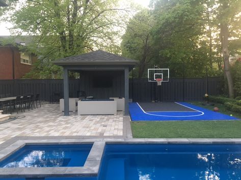 Basketball In Backyard, Pool And Basketball Court Small Backyard, Pool With Basketball Court, Home Outside Basketball Court, Small Sport Court Backyard Ideas, Basketball Court Backyard Landscaping, Basketball Court Backyard Ideas, Backyard Basketball Court And Pool, Sport Court And Pool Backyard Ideas