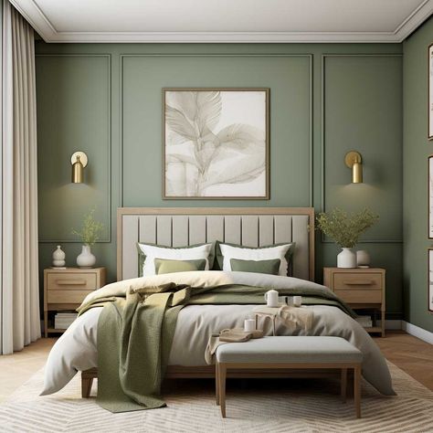 Expert Advice on Bedroom Designing Colour Schemes for Relaxation • 333+ Images • [ArtFacade] Green Palette Bedroom Ideas, Wall Decor Green Bedroom, Color Combination For Bedroom Wall, Oak Bed Bedroom Ideas, Colour For Room Bedrooms, Scandinavian Bedroom Paint Colors, Green Brown Bedroom Ideas, Colourful Home Design, Cosy Chic Bedroom