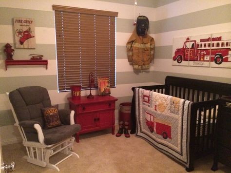 Firefighter nursery Firefighter Nursery Ideas, Fire Truck Nursery Ideas, Firefighter Nursery Baby Boy, Fireman Nursery, Firefighter Nursery, Fire Truck Room, Firefighter Room, Fire Truck Nursery, Truck Room