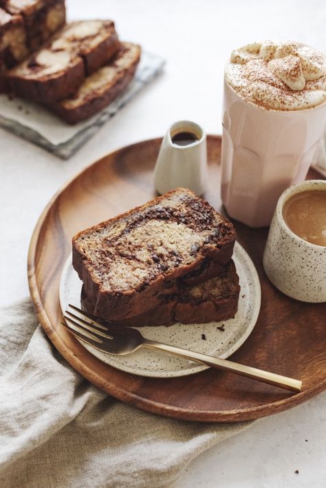 Banana Bread Photography Styling, Chocolate Loaf Cake Photography, Banana Loaf Cake Photography, Marbled Banana Bread, Banana Bread Kitchn, Chocolate Marbled Banana Bread, Chocolate Greek Yogurt, Baking Photography, Moist Banana Bread