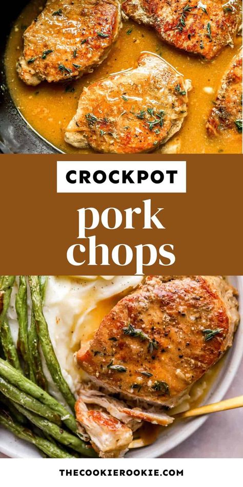 Crockpot pork chops are so tender and juicy! I love the rich and savory gravy on these slow cooker pork chops! Smothered Pork Chops Crock Pot, Pork Chops With Gravy, Crock Pot Pork Chops, Pork Chops And Rice, Boneless Pork Chop Recipes, Crock Pot Pork, Pork Crockpot Recipes, Pork Chop Recipes Crockpot, Serve Over Rice