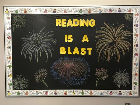 Reading is a blast. Chalk drawn fireworks on a black plastic - so easy Firework Bulletin Board, 4th Of July Bulletin Board, New Year Bulletin Board Ideas, January Craft Ideas, July Bulletin Board, New Year Bulletin Board, January Craft, Literacy Week, Summer Bulletin Board